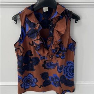 J. Crew Silk Floral Ruffle Blouse - Brown and Blue